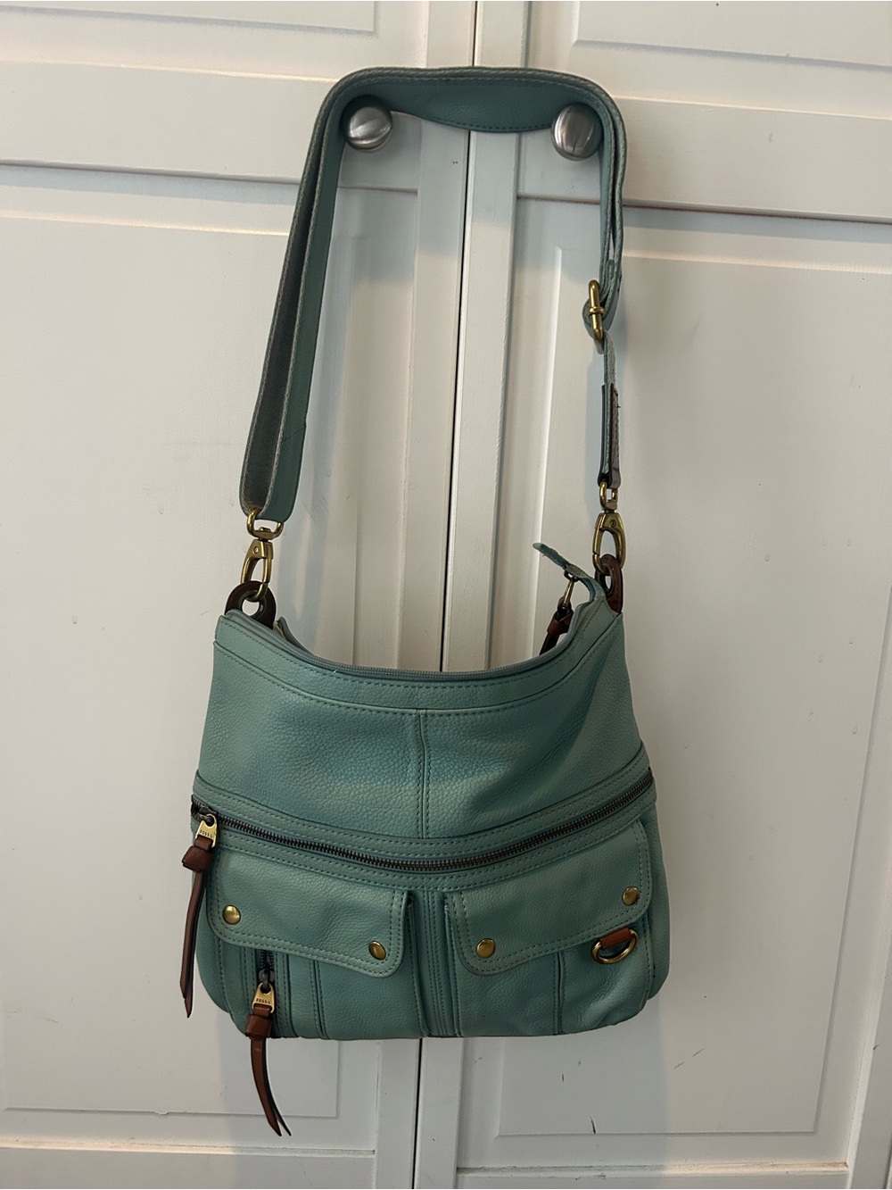 Fossil Aqua Teal Leather Morgan Traveler Crossbody Bag Purse